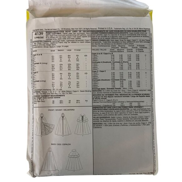 McCalls 4139 Costume Sewing Pattern Capes and Cloaks Adult S-M-L-XL 2003 - Picture 2 of 3